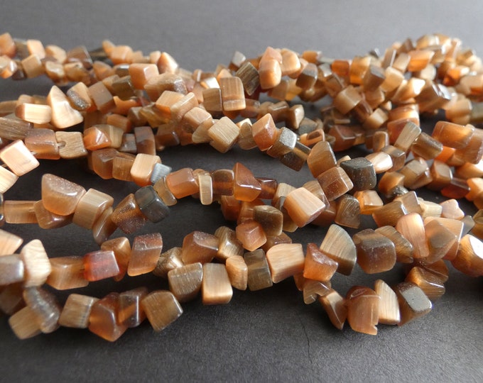 32 Inch Strand Brown Cat Eye 4-9mm Glass Beads, About 200 Cat's Eye Nugget Beads, Drilled Cateye Glass Chips, Carmel Brown, Glass Stones