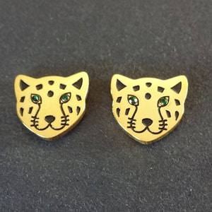 Stainless Steel  Leopard & Rhinestone Stud Earrings, Hypoallergenic, Gold Studs, 11x12mm, Set Of Earrings, Cat Earrings, Leopard Face