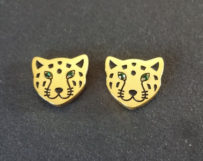 Stainless Steel  Leopard & Rhinestone Stud Earrings, Hypoallergenic, Gold Studs, 11x12mm, Set Of Earrings, Cat Earrings, Leopard Face