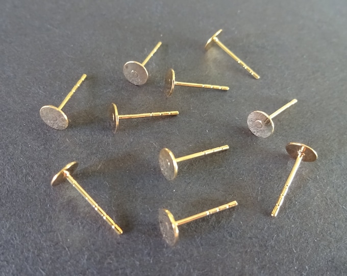 5mm Brass Stud Earring Settings, Fits 5mm Round Stone, Shiny Golden Stud, .8mm Pin, Ear Posts, Flat Round Studs, Earring Making Supply