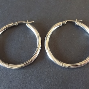 May include: A pair of silver hoop earrings with a twisted design. The earrings are made of metal and have a polished finish.