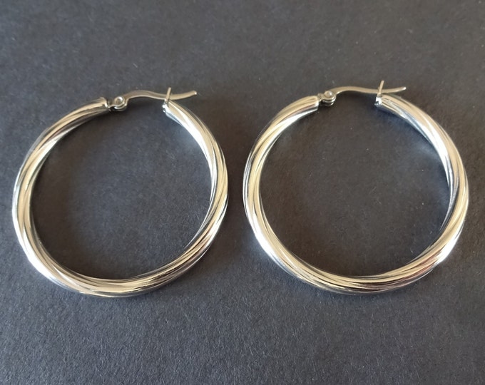 Stainless Steel Silver Twisted Hoop Earrings, Hypoallergenic, Round Shape, 7 Gauge, Twist Design Hoops, Set Of Earrings, 39.5mm, Silver Hoop