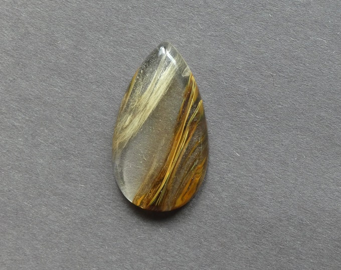 48x27x8mm Tigerskin Glass Cabochon, Large Teardrop, Brown and Clear, One of a Kind, Only One Available, Glass Cabochon, Jewelry Making Cab