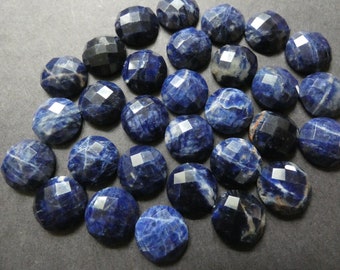 14-14.5mm Natural Sodalite Faceted Cabochon, Round Cab, Polished Stone, Dark Blue & White Stone, Natural Gemstone, Swirled and Spotted Gem