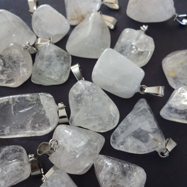 15-35mm Natural Quartz Pendant With Stainless Steel Snap On Bail, Crystal Charm, Polished, Gemstone Pendant,  Clear & Silver, Quartz Crystal