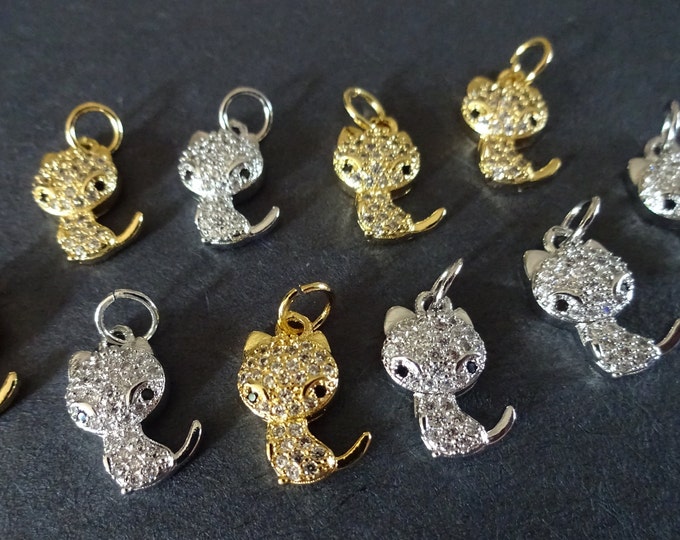 5 PACK OF 13.5x8mm Cubic Zirconia Micro Pave Cat Charms, With Loops, Cat Pendants, Silver & Gold Brass, Clear Cubic Zirconia Rhinestones