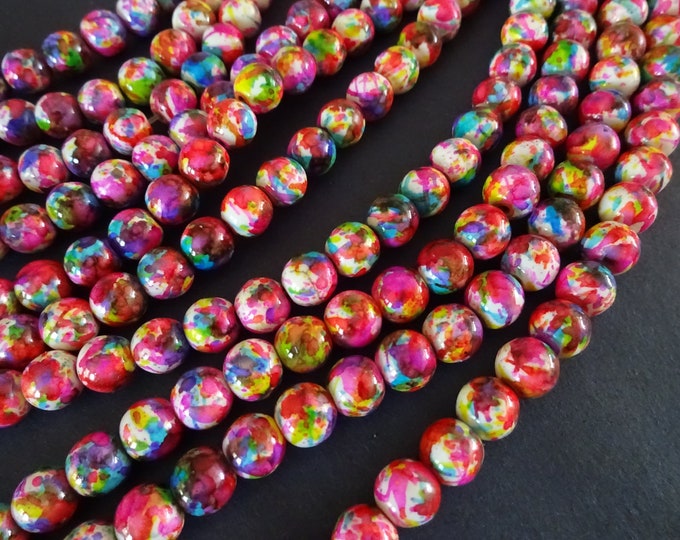 7-8mm Marbeled Glass Round Bead, Pink & Rainbow, 14.5 Inch Strand Of About 50 Beads, Mixed Swirled Colors, Jewelry Beads, Round Marble Bead