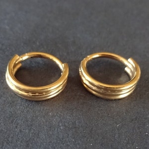 Stainless Steel Gold Chunky Huggie Hoop Earrings, Hypoallergenic, Golden Round Huggie Hoops, Set Of Earrings, 12x3.5mm, Lined Chunky Hoops