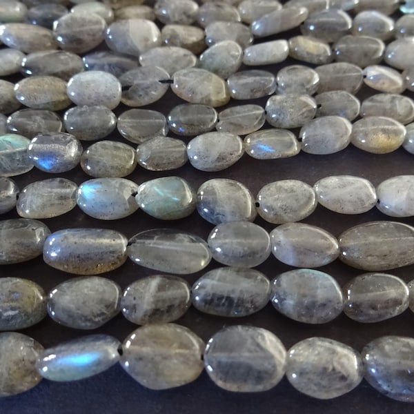 13 Inch Natural Labradorite 7-12mm Bead Strand, About 40 Hand Cut Beads, Puffed Ovals, Drilled, Gray Crystals, LIMITED SUPPLY, Hot Deal!