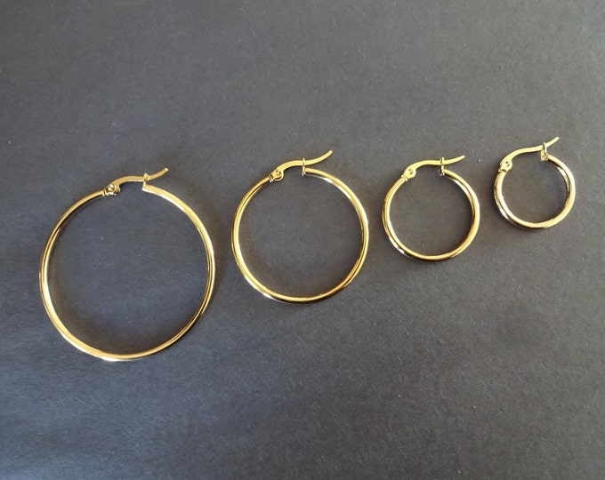 Classic Stainless Steel Gold Hoop Earrings, Hypoallergenic, Vacuum Plated Round Hoops, Set Of Gold Earrings, Golden Hoops, 4 Size Options