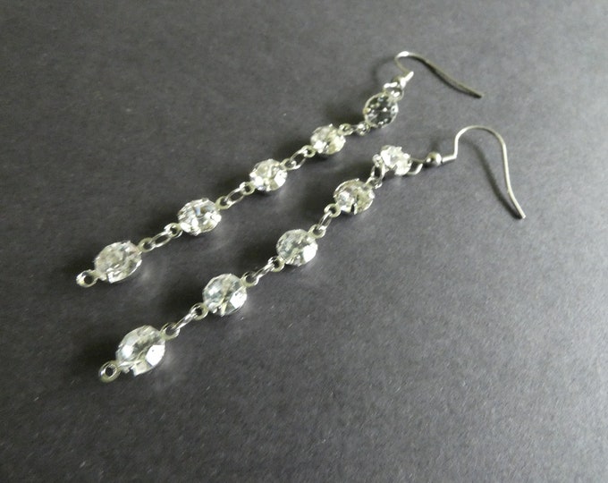Rhinestone & 304 Stainless Steel Dangle Earrings, Silver Color Metal, Fish Hook, Long Dangling Women's Earrings, Pierced Ears, Perfect Gift