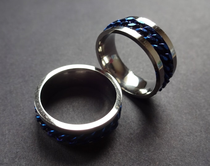 Stainless Steel Spinner Ring, Silver and Blue, Meditation Ring, Blue Chain Ring, Steel Band, Male Ring, Unisex, Spinning Ring, Fidget Ring