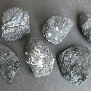 May include: Six black, rough, and irregularly shaped stones with a slightly metallic sheen. The stones have a variety of textures and some have white streaks.