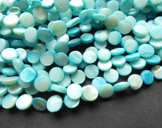 16 Inch 10mm Freshwater Shell Bead Strand, Dyed, About 40 Beads Per Strand, Light Cyan Blue, Drilled Seashell, Flat and Round, 1mm Hole