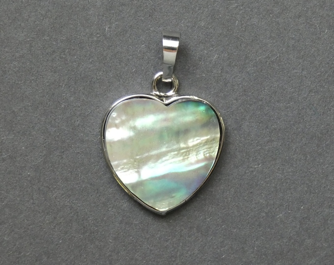 25mm Natural Abalone & Paua Shell Pendant, Platinum Tone Brass Bail, Polished Gem, Large Charm, Gemstone Jewelry, Shell Heart, Heart Pendant