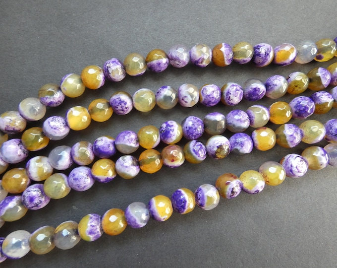 8mm Natural Fire Agate Faceted Bead Strand, Yellow and Purple, Dyed and Heated, About 47 Beads, 15 Inch Strand, Ball Bead, Round, Faceted