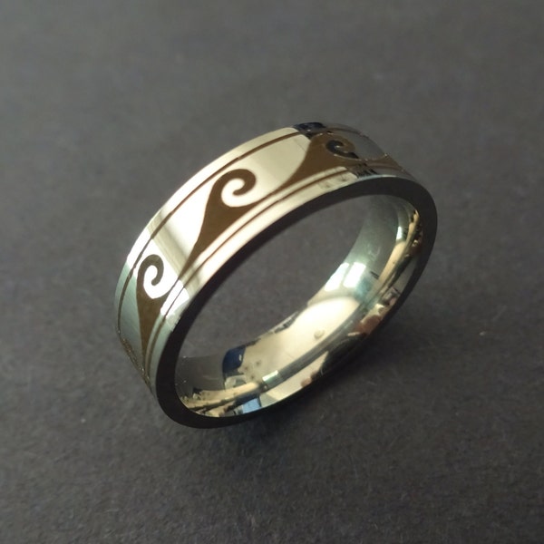 Stainless Steel Sea Wave Ring, Silver and Brown Band, Size 7-13, Ocean Wave Design, Women's & Men's Band, Intricate Tribal Band, 6mm Width