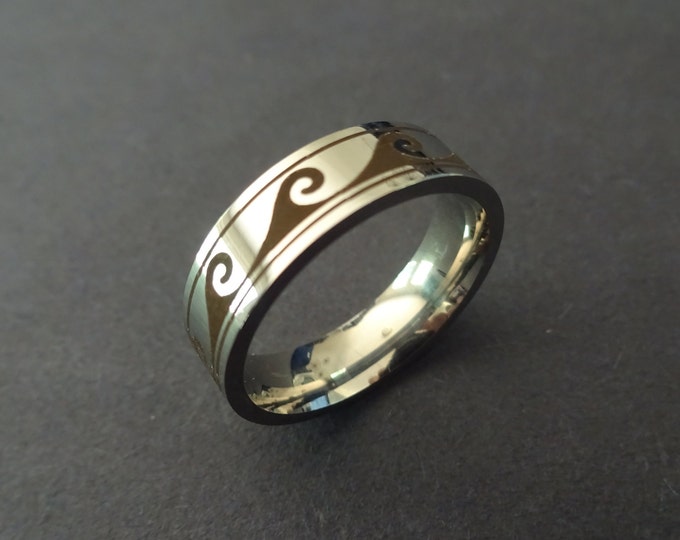 Stainless Steel Sea Wave Ring, Silver and Brown Band, Size 7-13, Ocean Wave Design, Women's & Men's Band, Intricate Tribal Band, 6mm Width