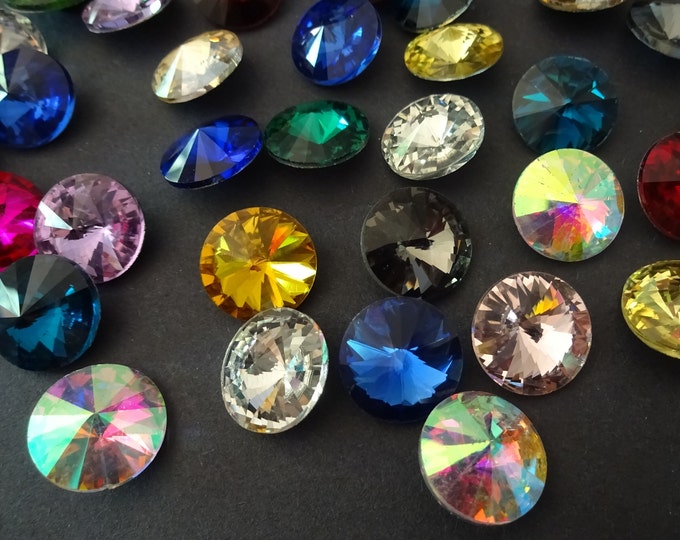 PACK OF 14x7mm Rivoli Rhinestone Glass Cabochons, Faceted Cabs, Pointed Backs, Mixed Colors, Glass Round Rhinestone Cabochons, Mixed Lot