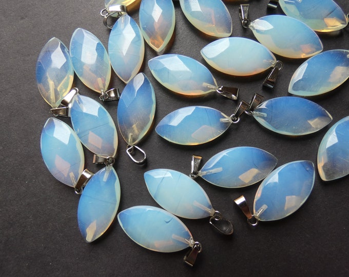 33x16mm Faceted Opalite Pendant, Brass Finding, Horse Eye Shaped, Polished, Gemstone Jewelry Drop Pendant, Translucent Clear & Silver Color