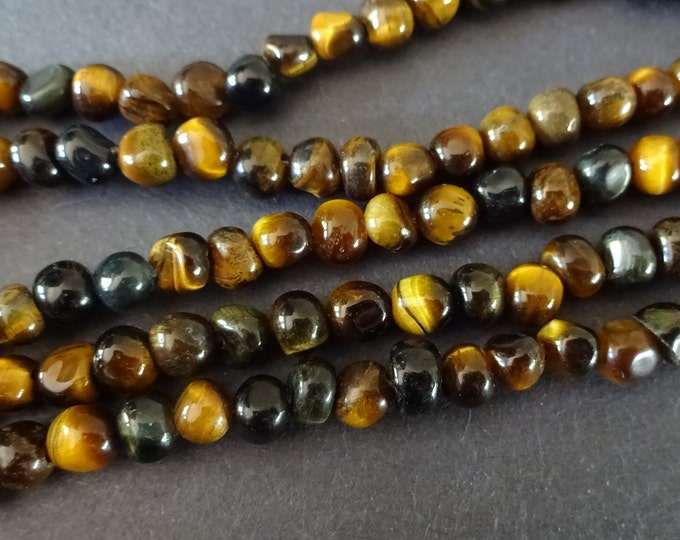 15 Inch 3-5mm Natural Tiger's Eye Bead Strand, 85+ Tiger Eye Chip Gemstone Bead Strand, Natural Polished Drilled Chips, Pieces of Tiger Eye