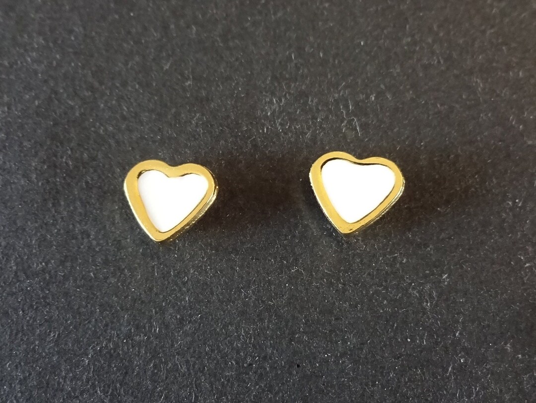 Stainless Steel & Enamel Heart Stud Earrings, Gold and White