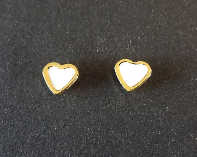 Stainless Steel & Enamel Heart Stud Earrings, Gold and White, Hypoallergenic, 7.5mm, Set Of Earrings, Heart Earrings, Valentine's Day Studs