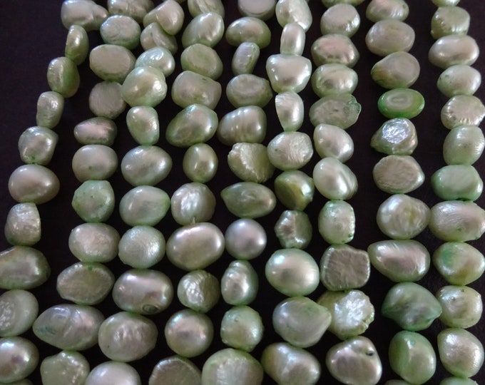 15 Inch Strand 5-6mm Cultured Freshwater Pearl Beads (dyed), About 50 Beads, Light Green Pearl, 5-6mm Flat Sided Potato, Green Colored Pearl