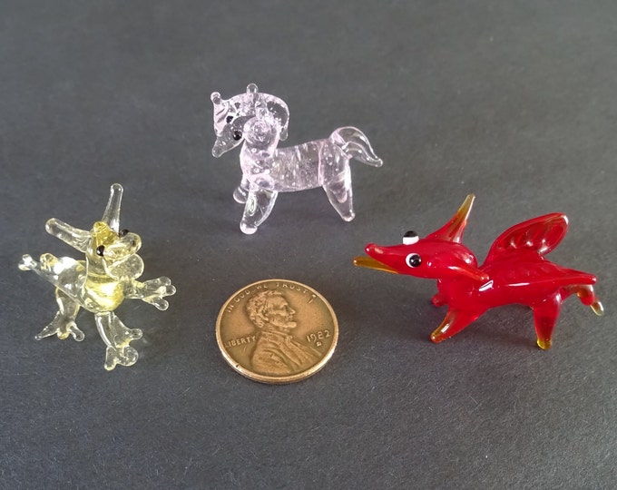 Mini Lampwork Glass Mythical Creatures, Small Decorative Glass Animals, Collect All 3, Cute Unicorn and Dragon Figurines, Glass Dragons