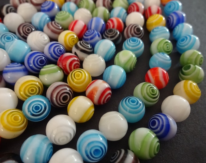 14.5 Inch Strand Of 8mm Glass Millefiori Beads, About 48 Glass Ball Beads, Mixed Lot, Multicolor Bead, Bullseye Pattern, 8mm Ball Bead