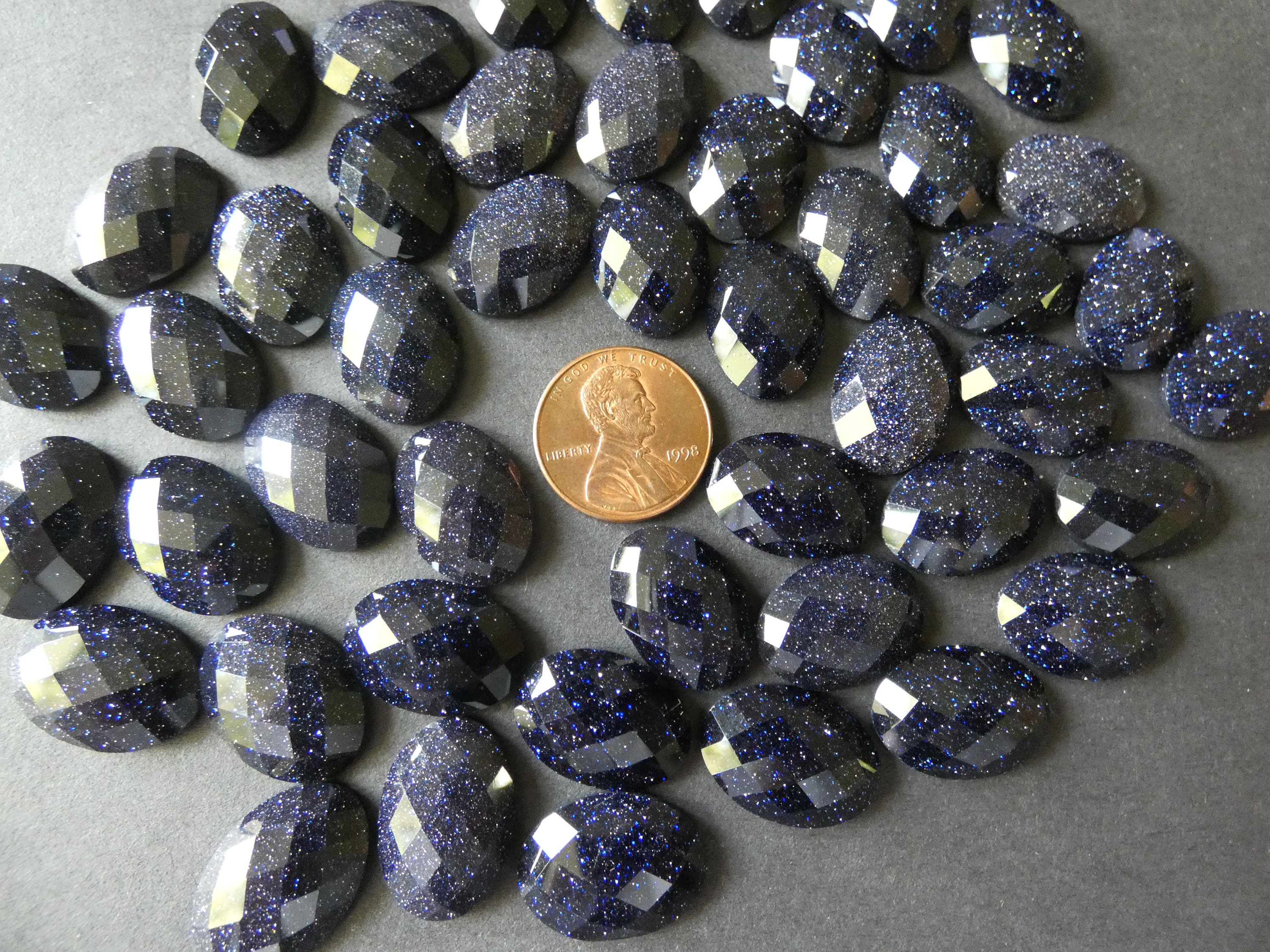 18x13mm Blue Goldstone Cabochon, Faceted, Synthetic Oval Gemstone