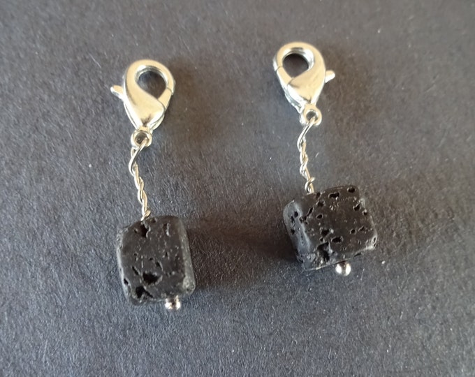 2 PACK OF 30mm Natural Lava Stone Charms With Brass Lobster Claw Clasps, Black Lava Rock, Cube Bead Pendant, Pumice Stone Charm & Clasp