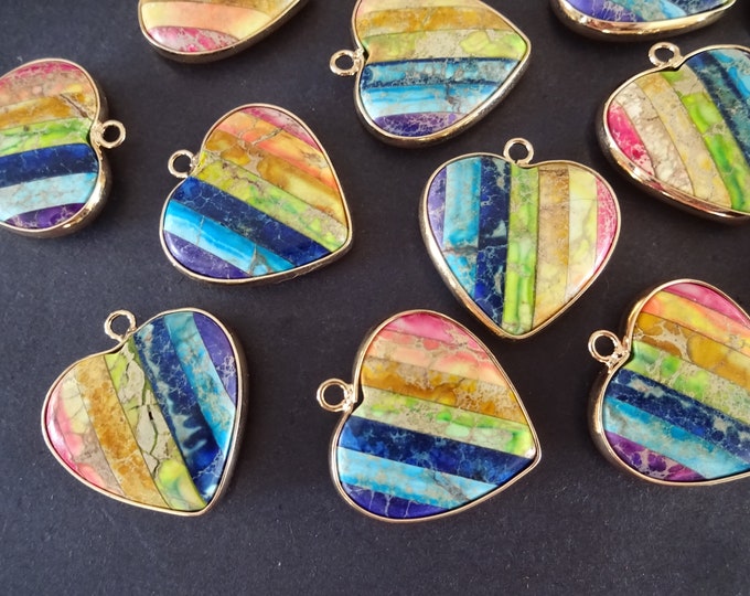 28mm Rainbow Regalite and Brass Heart Pendant, Dyed & Synthetic Stone, Gold Brass Loop, Striped Regalite Crystal, Polished Heart Gem