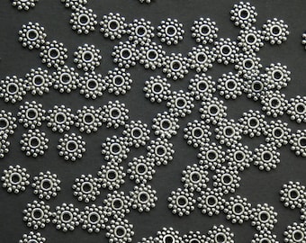 100 PACK 9mm Flower Alloy Metal Bead, Chic Silver Color, Antiqued Style, Studded Design, Daisy Spacer Lot, Snowflake Spacer Bead. 2.5mm Hole