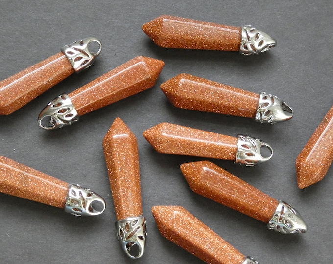 33-40mm Goldstone Pendant With Brass Loop, Dyed & Synthetic, Faceted, Bullet Shaped, Polished Gem, Gemstone Pendant, Orange With Sparkles