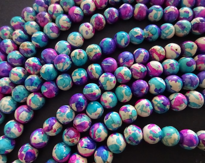 7-8mm Marbeled Glass Round Bead, Blue & Purple, 14.5 Inch Strand Of About 50 Beads, Mixed Swirled Colors, Swirl Beads, Round Marble Bead