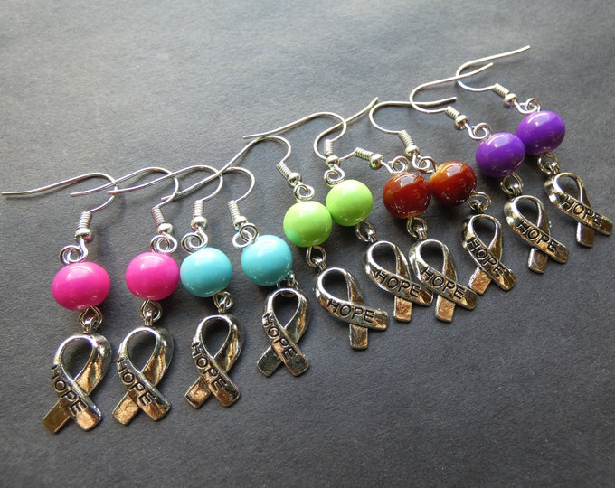Glass & Metal Hope Earrings, Glass Ball Bead, Alloy Metal Charm, Brass Hooks, 5 Colors, Silver Cancer Awareness Ribbon, Survivor Charm