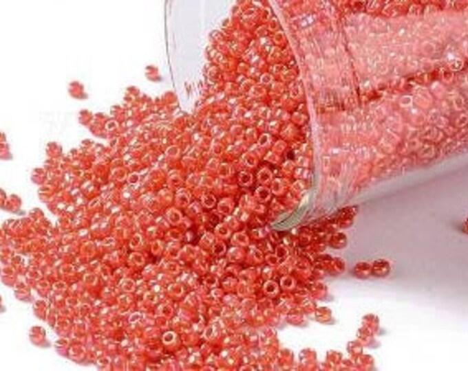 15/0 Toho Seed Beads, Opaque AB Pumpkin (410), 10 grams, About 3000 Round Seed Beads, 1.5mm w/ .7mm Hole, AB Finish