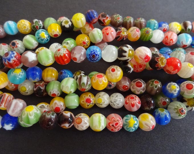 6mm Glass Millefiori Bead Strand, 14.5 Inch Strand, 65 Glass Ball Beads, Mixed Lot, Multicolor Bead, Flower Bead, Star Bead, Small Ball Bead