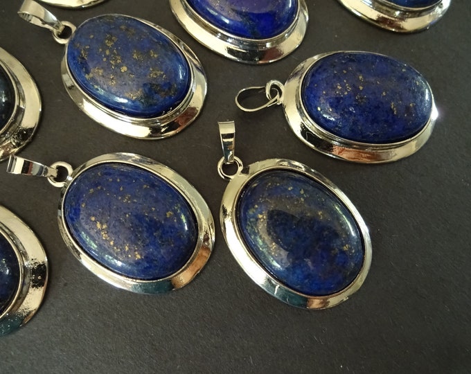 37x25mm Natural Lapis Lazuli Pendant With Alloy Metal Loop, Large Blue Lapis Crystal and Silver Charm, Designer Stone Pendant, Ready To Wear