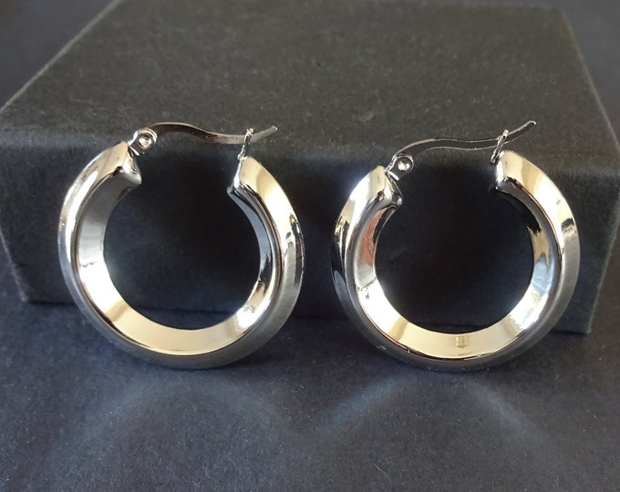 Stainless Steel Silver Chunky Hoop Earrings, Hypoallergenic, Silver Round Hoops, Set Of Earrings, 33x6mm, Simple Chunky Hoops For Women