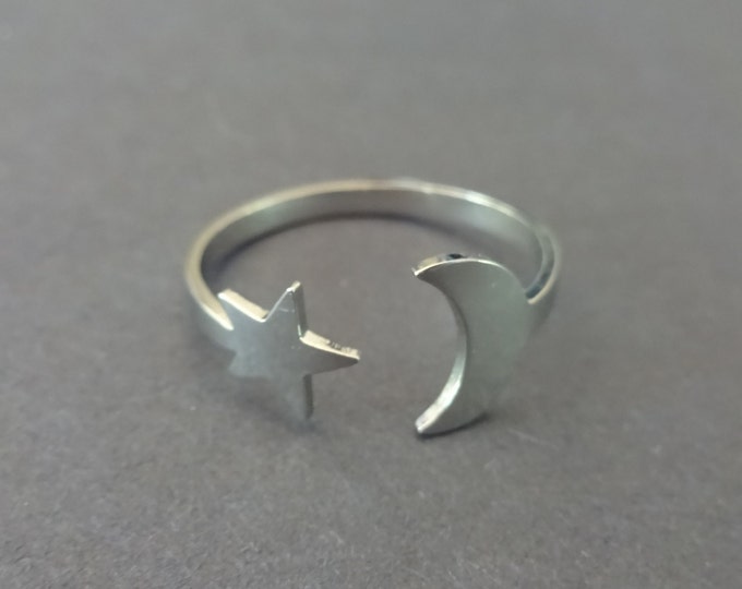 Stainless Steel Adjustable Star & Moon Ring, Silver Star Ring, Resizable Ring, Cute Finger and Toe Ring, Good Luck Ring, Star Promise Ring