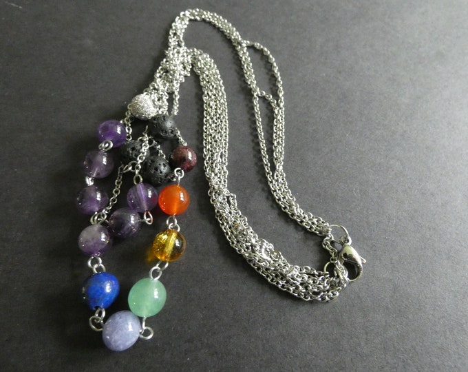 316 Stainless Steel Chain With Cubic Zirconia & Natural Gemstones, Silver Color, Extension Chain, 16 Inches Long, 4 Tier Design, Amethyst