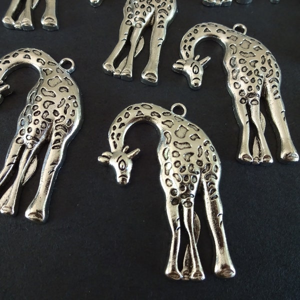 44mm Metal Giraffe Pendant, Antiqued Silver Metal Color Giraffe, Large Pendant, Large Animal Pendant, Large Giraffe Pendant, African Pendant