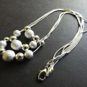 Brass Snake Chain & Stardust Bead Necklace, Silver Color, 18 Inches Long, 3 Tier Design, Stardusted Ball Beads, Multi Tiered, Metal Chain