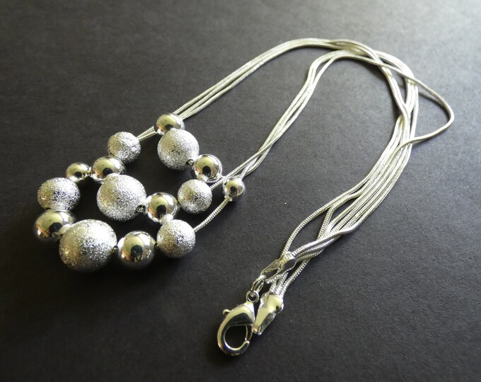 Steel Snake Chain & Stardust Bead Necklace, Silver Color, 18 Inches Long, 3 Tier Design, Stardusted Ball Beads, Multi Tiered, Metal Chain
