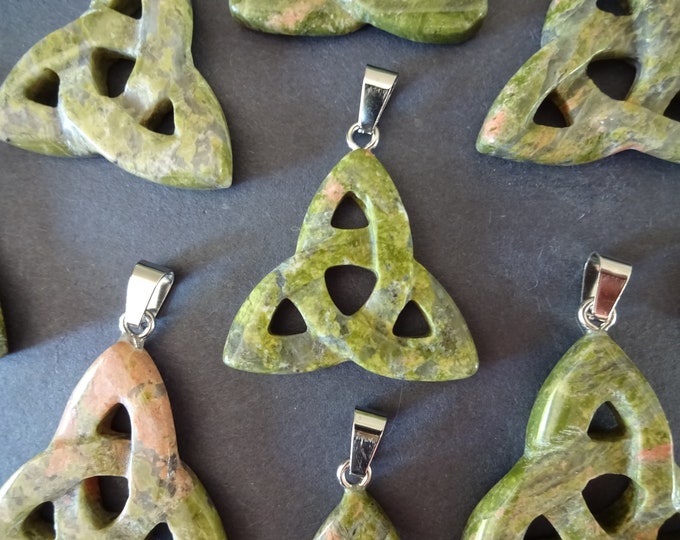 23-40mm Natural Unakite Trinity Knot Pendant, With Stainless Steel Loop, Stone Trinity Charm, Pink & Green Jasper Pendant, Irish Triquetra