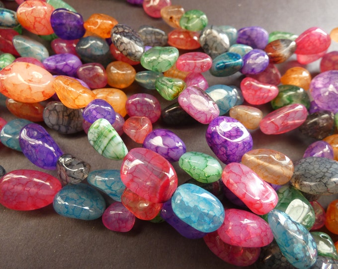 15-16 Inch 8-16mm Natural Crackle Agate Bead Strand, Dyed, About 30-40 Beads, Agate Nuggets, Mixed Rainbow, Polished, Beautiful Agate Gems