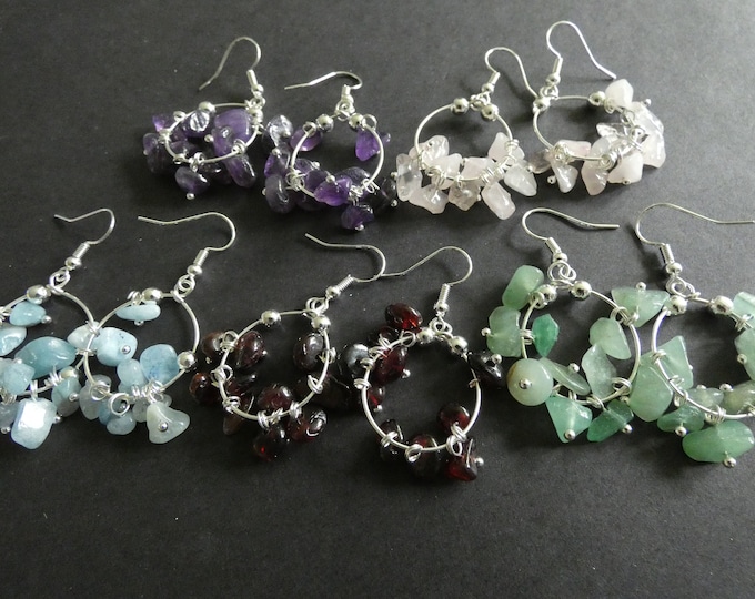 Natural Gemstone Earrings, Dangle Ring With Stone Gem Chips, Fish Hook, 5 Natural Stone Options, Amethyst, Garnet, Quartz and More, 47mm