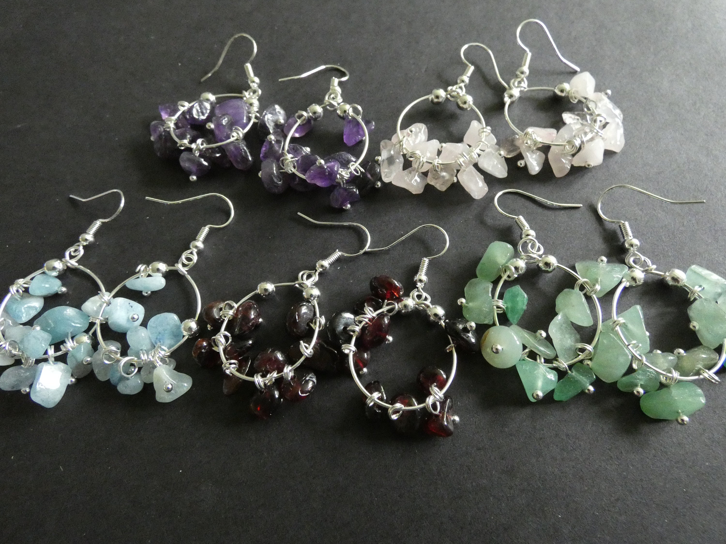 Natural Gemstone Earrings, Dangle Ring With Stone Gem Chips, Fish Hook, 5  Natural Stone Options, Amethyst, Garnet, Quartz and More, 47mm